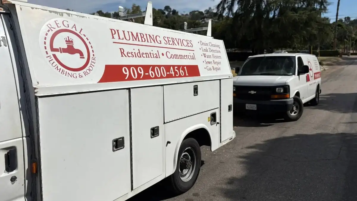 Regal Plumbing & Rooter service truck displaying drain cleaning and sewer repair services in Upland, CA